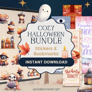 Könnte beinhalten: Ein digitales Kunstpaket mit Aufklebern und Lesezeichen zum Thema Halloween. Das Bild zeigt ein Tablet mit verschiedenen Illustrationen von Kürbissen, Geistern und Büchern. Der Text lautet "COZY HALLOWEEN BUNDLE, Stickers & Bookmarks, INSTANT DOWNLOAD."