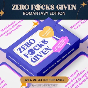 Könnte beinhalten: Eine blaue Schachtel mit "ZERO FOCKS GIVEN" Karten mit einem Totenkopf-Motiv. Die Schachtel trägt die Aufschrift "ROMANTASY EDITION" und "AFFIRMATIONS FOR UNAPOLOGETIC READERS." Die Karten sind A4 & US Letter druckbar.