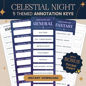 May include: Celestial Night themed annotation keys. The image shows five themed annotation keys with text such as "Cute/First Encounter" and "Plot Twist". The keys are on a dark blue background with gold stars and the words "Instant Download".