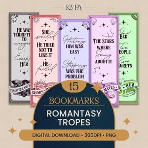 Könnte beinhalten: Ein Set aus fünf rechteckigen Lesezeichen in Grau, Pink, Lila, Lavendel und Hellgrün, jeweils mit schwarzem Text und himmlischen Illustrationen. Der zentrale dunkelblaue Bogen zeigt den Text 15 BOOKMARKS ROMANTASY TROPES DIGITAL DOWNLOAD.