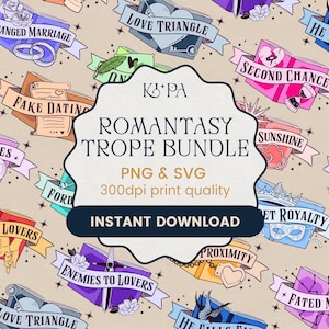 Romance Tropes Sticker Bundle – 15 Digital Stickers for Book Journal Digital Planners, Fantasy Romance SVG PNG Files, Reading Journal Decor