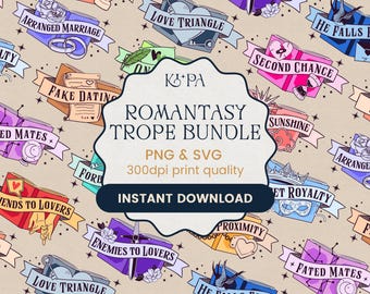 Pacote de Adesivos Romance Tropes – 15 Adesivos Digitais para Agendas Digitais, Arquivos PNG SVG de Fantasia e Romance, Decoração de Diário de Leitura