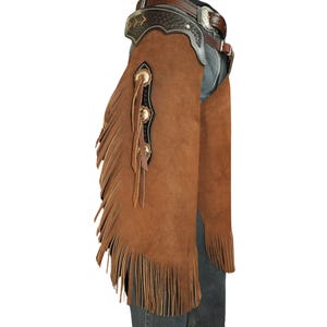 Custom Cowboy Suede Leather Chinks with Fringe | Western Riding Chaps for Rodeo & Ranch Work | Handmade Cowboy outfit for western wear lover