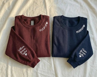 Embroidered Mama Sweatshirt, Custom Mama Crewneck, Personalized Mom Sweatshirt with Kids Names on Sleeve, Mother's Day Gift,