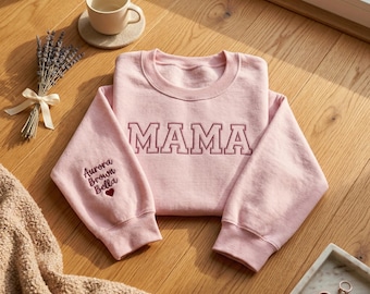 Personalized Mama Sweatshirt, Custom Mom Hoodies with Kids Names on Sleeve, Embroidered Mama Crewneck, Mother's Day Gift for Mom