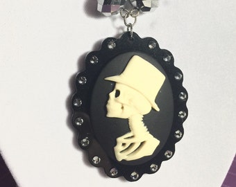 Male Steampunk Skeleton Cameo Necklace with sparkling charcoal rhinestones