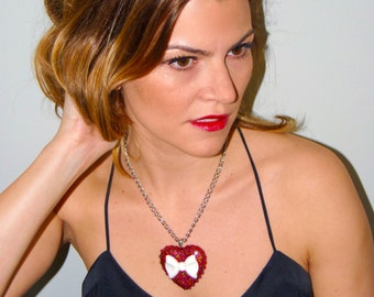 Large Red Glitter Heart Necklace with a Large White Bow