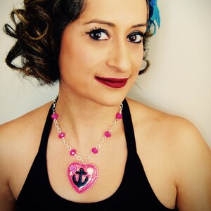 Bright Pink Glitter Resin Heart Necklace with Anchor Embellishment +  Rockabilly