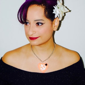 Large Orange Glitter Heart Necklace with a White Anchor Embellishment & Black Rose