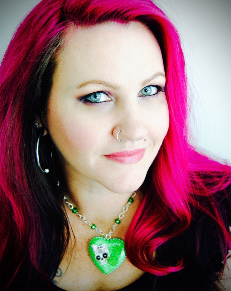Bright Green Glitter Heart With Sugar Skull Necklace Emo Etsy