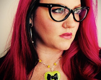 Bright Yellow Glitter Resin Heart Necklace with Large Black Bow Embellishment + Rockabilly