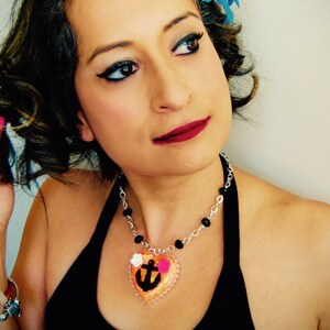 Bright Orange Glitter Resin Heart Necklace with Anchor Embellishment + Rockabilly