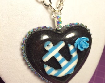 Resin Heart with an Embedded Blue and White Stripe Anchor and Rose Embellishment