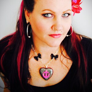 Large Black and Iridescent Glitter Heart Necklace with Anchor Embellishment, Rockabilly Sailing inspired, pink and black combo