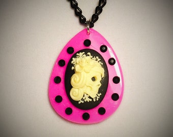 Day of the Dead Pinup Cameo Necklace with Bright Pink Cameo Frame +  Rockabilly