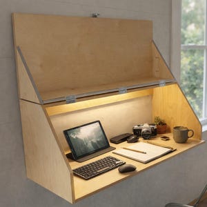 Wall Mounted Fold Down Desk PDF Plan | Space Saving Floating Table | Floating Down Shelf DIY Storage Plan