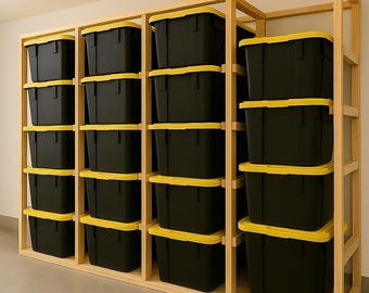27 Gallon Tote Rack Storage Plans DIY | Garage Storage Shelving | Bin Rack Shelves and Basement Organizer | Lowes and Sams Club Totes