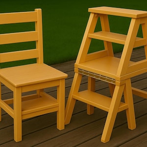 Puede incluir: Un conjunto de muebles de madera amarillos, que incluye una silla con respaldo de listones y un taburete plegable. Ambos están pintados de amarillo cálido y están colocados sobre una terraza de madera.