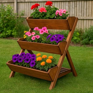 May include: A three-tiered wooden planter filled with colourful flowers. The top tier features red and pink blooms, the middle tier has pink and purple flowers, and the bottom tier showcases purple and orange flowers. The planter is on a green lawn.