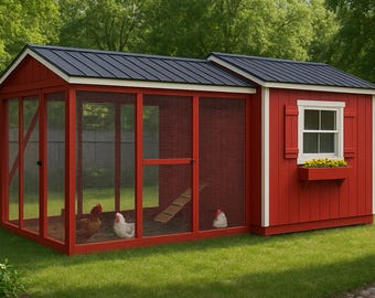Chicken Coop Run DIY Plan | Walk-In Coop & Run for 10-12 Chickens | Backyard Hen House Building PDF Download