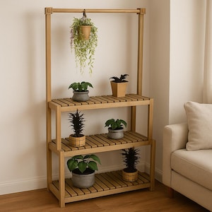 May include: A wooden plant stand with three slatted shelves and a hanging rod. The stand holds several potted plants, including a hanging plant. The wood has a natural finish, and the stand is placed indoors.