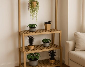 DIY Wood Plant Stand with Hanging Bar | Woodworking Home Décor Shelf Plans | Multi-tier Plants Organizer Shelf PDF File