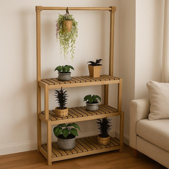 DIY Wood Plant Stand with Hanging Bar | Woodworking Home Dcor Shelf Plans  | Multi-tier Plants Organizer Shelf PDF File