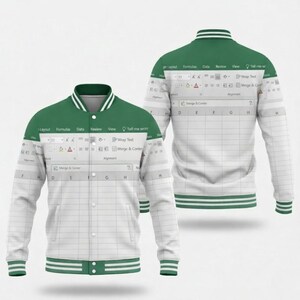 Könnte beinhalten: Eine weiß-grüne Collegejacke mit Tabellenkalkulationsdesign. Die Jacke hat einen grünen Kragen, Manschetten und Saum mit weißen Streifen. Auf der Vorder- und Rückseite der Jacke ist ein Raster mit Tabellenkalkulationsmenüoptionen abgebildet.