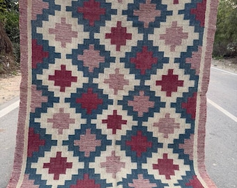 Handwoven Wool Jute Kilim Rug- Bohemian Geometric Area Rug, Tribal Vintage Carpet, Handmade Flatweave Floor Decor, Natural Fiber Runner