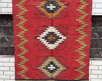 8x10 ft Large Kilim Rug, Handwoven, Wool and Jute Rug Handmade, Kilim Dhurrie Rug, Motifs, Oriental, Traditional Indian, Geometric, Turkish