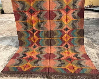 Handwoven wool Jute Kilim Rug - Bohemian Geometric Area Rug, Tribal Vintage Carpet, Handmade Flatweave Floor Decor, Natural Fiber Runner