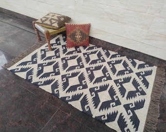 Vintage Wool Jute Kilim Rug, Handwoven, Wool and Jute Rug Handmade, Kilim Dhurrie Rug, Traditional Indian jute Area rug