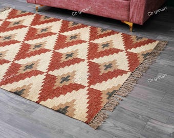 Alfombra Kilim, Alfombra de lana de yute, Alfombra oriental, Alfombra con estampado Boho, Alfombra de área turca, Alfombra india tradicional, Alfombra de área tejida, Alfombra Kilim Dhurrie