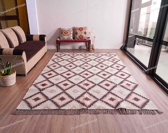 Wool and Jute Rug Handmade, Kilim Dhurrie Rug, Traditional Indian/WOOL JUTE RUGS, Kilim Wool and Jute Rug Handmade Kilim Dhurrie Rug gift