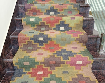 Multi Sizes Runner Rug for Stair | Handwoven Geometric Indian Kilim | Eco Friendly & Sustainable Kitchen, Bedside, Hallway, Entry, Custom