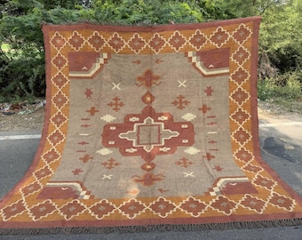 Handwoven Wool Jute Kilim Rug: Bohemian Flatweave Area Rug Navajo Style Large Handmade Carpet