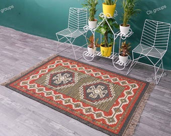 Wool Jute Kilim Rug, Handwoven Wool Jute Rug, Kilim Jute Rug, Flatweave Rug,Bohemian Rug, Indian Dhurrie Rug,Navajo Kilim Rug, Customize Rug