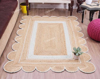 Alfombra de yute - Alfombra festoneada, Alfombra festoneada de yute, Alfombra festoneada bohemia, Alfombra de yute natural, Alfombra rectangular de yute, Alfombra festoneada de yute, Alfombra personalizada