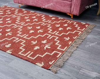8x10 ft Large Kilim Rug, Handwoven, Wool and Jute Rug Handmade, Kilim Dhurrie Rug, Motifs, Oriental, Traditional Indian, Geometric, Turkish