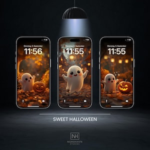 May include: Three smartphones displaying Halloween-themed wallpapers. Each screen shows a cute ghost character and a carved pumpkin against a fall foliage backdrop. The text "Sweet Halloween" is at the bottom.