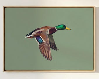 Kunstprint vliegende wilde eend - minimalistische saliegroen muurdecoratie