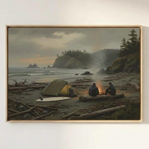 pazifischer Nordwesten Surf Camping Kunstdruck - Stimmungsvolle Strand Lagerfeuer Ölgemälde Dekor