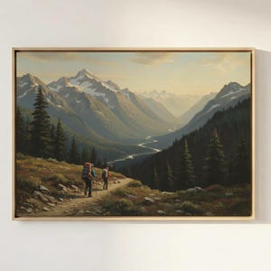 Mountain Valley Backpackers Oil Painting - Epic Hiking Trail Landscape Wall Decor