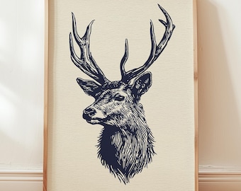 Rustic Elk Head Illustration Sketch Print - Minimalist Stag - Cabin Wall Decor