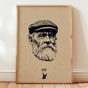 Stampa a inchiostro di un vecchio pescatore - Marinaio d'epoca - Arte murale del patrimonio nautico