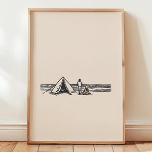 Impresión artística de boceto de fogata en la playa - Viajero costero minimalista - Decoración de pared moderna