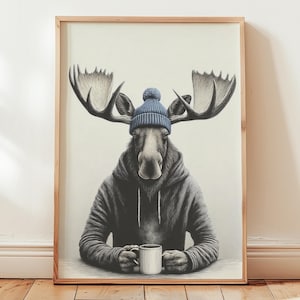 Funny Moose in Beanie Art Print - Rustic Cabin Coffee Wall Art