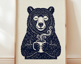 Cozy Coffee Bear Art Print - Rustic Morning Ritual, Kitchen Cafe Wall Decor