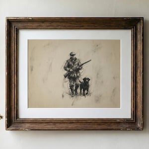 Vintage Hunter and Labrador Charcoal Sketch - Rustic Sporting Heritage Wall Decor