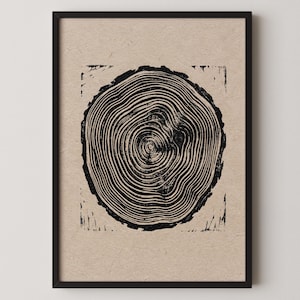 May include: A framed wall art print featuring a black ink block print of a tree stump cross-section with visible growth rings. The circular wood grain pattern is centered on a textured, light tan paper background, enclosed in a thin black frame.